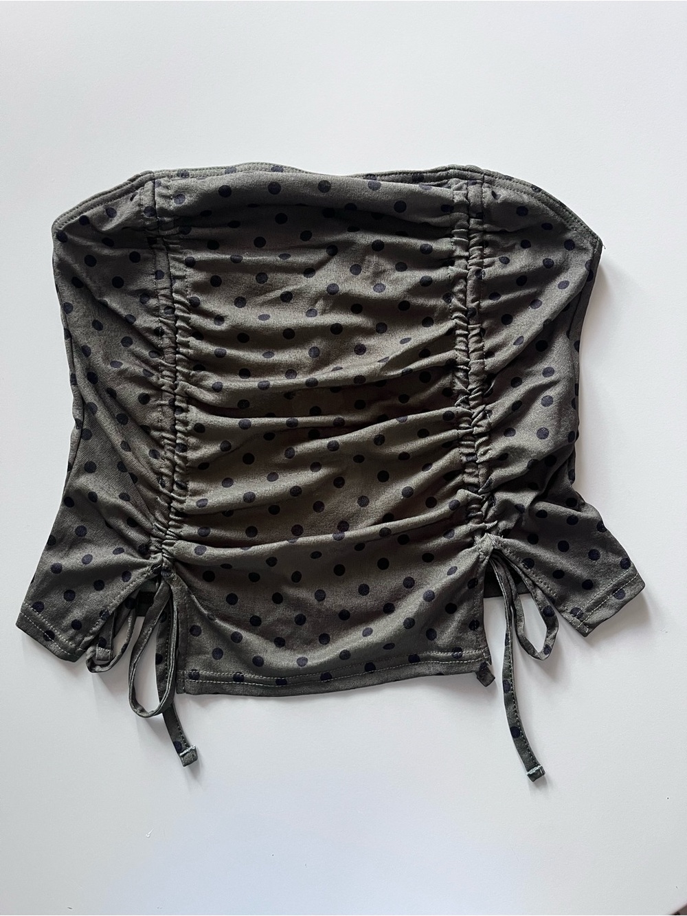 Urban Outfitters Olive Green Polka Dot Ruched Strapless Crop Top